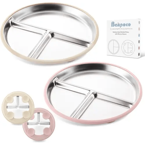 Stainless Steel Baby Plate with Suction, 9” Divided Toddler Plates with Removable Silicone Sleeves for Kids, Non-Toxic Non-Slip Unbreakable Dishwasher Safe Dinnerware Set of 2, Pink & Beige