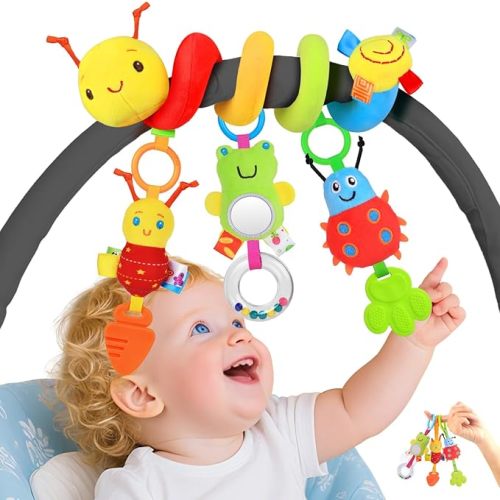 Car Seat Toys for Babies 0-6 Months, Upgraded Spiral Hanging Crib Stroller Activity Toys with Detachable Rattles, Baby Car Seat Accessories Toy for Developing Sensory Skills, Gift for Newborn Infant