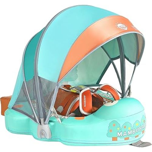 Mambobaby Float with Canopy and Tail New Upgraded Non-Inflatable Baby Pool Float Mambo Float Swim Trainer Solid Infant Swim Float Adjustable Pearl Foam Baby Swim Ring