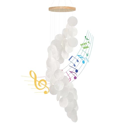 Seashell Wind Chimes for Outside - Handcrafted White Spiral Shape Capiz Shells Windchime Coastal Style Decor for Indoor/Outdoors, Garden & Beach Hanging Decor for Wind Chimes Lovers and More