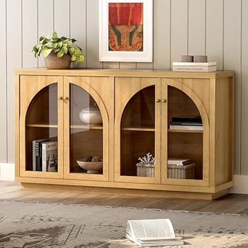 Storage Cabinet with 4 Doors, Arched Sideboard Buffet Cabinets with Adjustable Shelves, Accent Display Cabinet with Acrylic Door for Living Room, Entryway, Dining Room