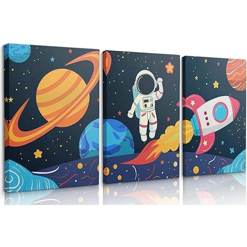 3 Pcs Astronaut Canvas Wall Art Nursery Space Wall Decor Painting Outer Space Planet Pictures Prints Rocketship Posters Explore Dream Galaxy Artwork for Boys Room Ready to Hang(12X16in Canvas)