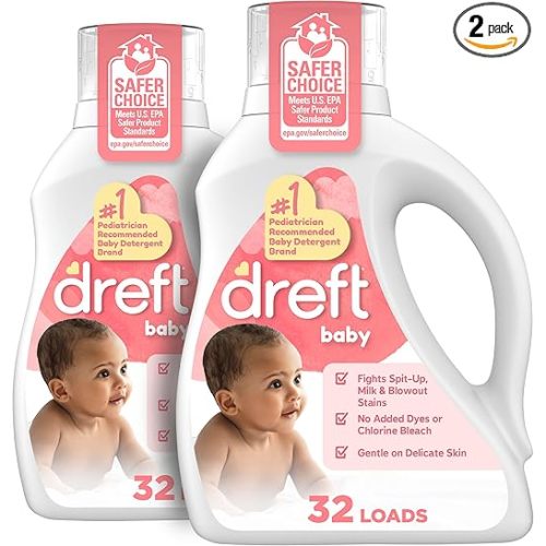 Dreft Baby Liquid Laundry Detergent, Gentle on Sensitive Skin Laundry Soap, 42 fl oz, 32 Loads, Pack of 2 (Packaging May Vary)