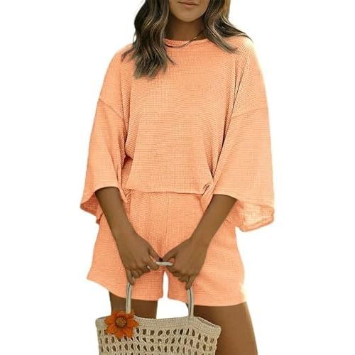Tankaneo Womens Short Sets 2 Piece Outfits 3/4 Sleeve Tops and Elastic Waist Shorts Lounge Set Casual Loungewear