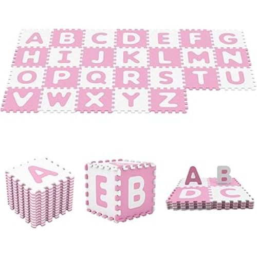 HONEY JOY Foam Floor Tiles for Kids, 12.5” x 12.5” EVA 26-Piece Interlocking Alphabet Puzzle Play Mat, Non-Slip Large Soft Carpet Rug, Easy to Clean, for Baby Crawling Exercise, Playroom (Pink)
