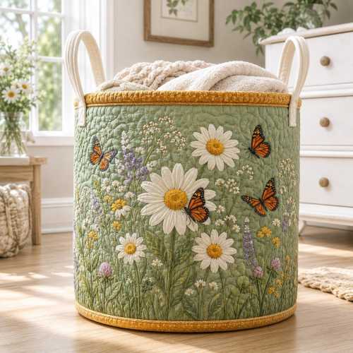 Quilted Daisy Butterfly Laundry Hamper, Sage Green Floral Storage Basket
