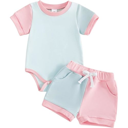 allshope Newborn Baby Girl Summer Outfit Set Contrast Color Romper Jumpsuit Tops Shorts Cute Infant Clothes