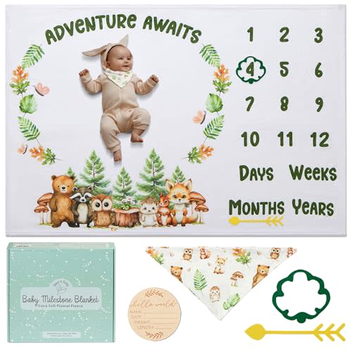 Monthly Milestone Blanket for Baby Boys & Girls - 60"x40" - Wrinkle Free Newborn Blanket with Baby Announcement Sign, Bib & Frames - Washable & Dryable - Woodland Theme Photo Props