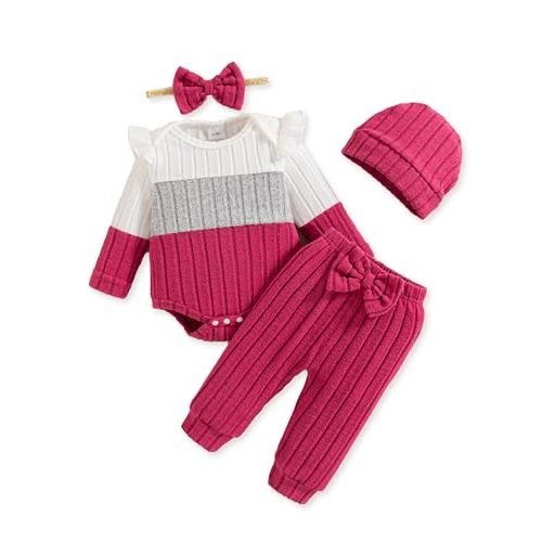 Mioglrie Newborn Baby Girl Clothes Infant Fall Winter Outfits for Girls | 0 3 6 9 12 18 Months Clothing Set, Color Block Ribbed Outfit, Ruffle Long Sleeve Bodysuit, Matching Hat and Bow Headband
