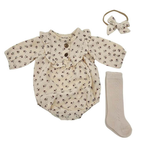 Floral Ruffle Romper Set with Bow & Socks