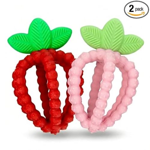 RaZbaby Silicone Infant & Baby Teething Toy, Textured BerryBumps Soothe Babies Sore Gums, RaZberry Bites Relief Teether, Back & Front Teeth, BPA Free, Fruit Shape for Babies 3M+ (Red & Pink)
