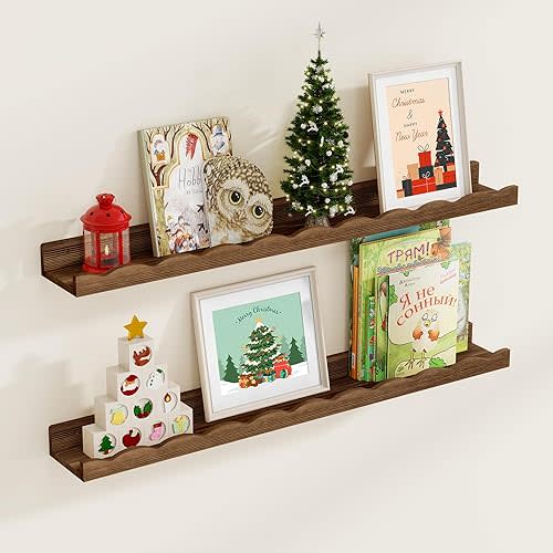 Fun Memories Picture Ledge Shelf for Wall, 36 inch Pine Wood Nursery Book Shelves Set of 2- Wall Book Shelves for Kids Room, Home Decor - Kitchen Spice-Carbonized