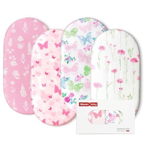 Gllquen Baby Bassinet Sheets 4 Pack, Breathable Cozy Fitted Mattress Sheet, Elastic Travel Crib Fashionable Floral Pattern, Standard Cradle Safe Sheets for Baby Boys Girls 32"x16" (Butterfly)