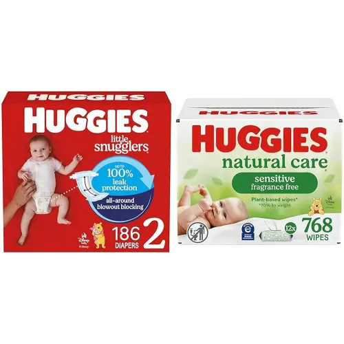 Little Snugglers Bundle: Huggies Little Snugglers Baby Diapers, Size 2 (12-18 lbs), 186 Count & Huggies Natural Care Sensitive Baby Wipes, 768 Count (12 Packs of 64)