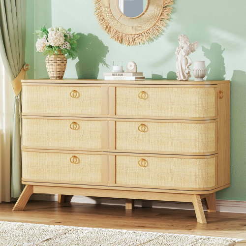 6 Drawer Rattan Dresser for Bedroom, 43'' Fluted Modern Wooden Dresser with Metal Handles&Wood Legs, Curved Profile Design, Boho Chest of Drawers for Bedroom, Living Room, Natural