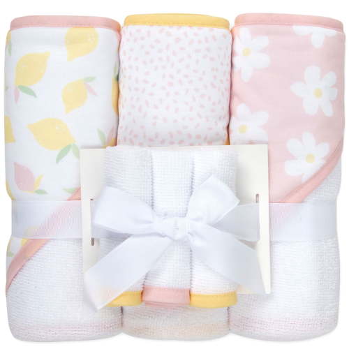 Jessica Simpson Baby 6-Piece Hooded Towel & Washcloth Set – Soft Polyester Bath Towels – Pink Stars & Hearts Design (Lemons & Floral)
