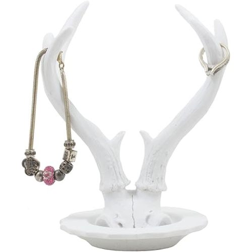 Contemporary Big Buck Deer Antler Jewelry Stand with Tray Display Rack or Decorative Key Holder As Rustic Hunting Cabin Decor Gifts for Women or Hunters