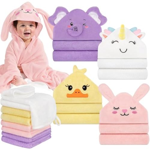 12 PCS Baby Bath Towels Set, Baby Towels for Newborn Bath Essentials Gifts | Animal Hooded, Thick Soft Absorbent, 4 Baby Towels & 8 Washcloths for Girl Boy Toddlers (Elephant, Unicorn, Duck, Rabbit)
