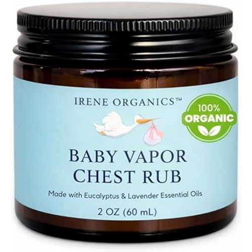 Irene Organics Organic Baby Vapor Chest Rub Clean Vapo Rub Made with Non Toxic Ingredients, Organic Cough & Congestion Relief Balm, Safe Natural Eucalyptus & Lavender Rub for Newborns & Kids