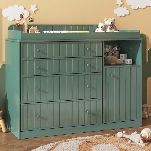 Aphthongs Baby Changing Table Dresser, Nursery Changing Station with 4 Large Drawers & Side Cabinet, Soft Close Storage Chest with Anti-Tipping Device for Infant Room