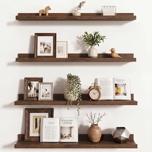 Axeman 30 Inch Floating Shelves | Walnut Picture Ledge Shelf Set of 4 | Rustic Wood Wall Shelves with Lip | 30" Walnut Picture Shelf for Wall with Ledge | Photo Shelves