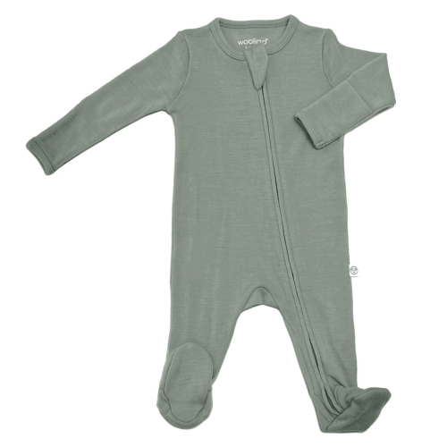 Footie Pajamas, Merino Wool, Sage, 0-3 months