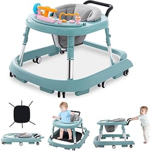 Baby Walker Foldable with Music and Lights,Portable Baby Walker with Wheels,9 Adjustable Heights,Removable Tray&Footrest, Speed Adjustable,Infant Toddler Walker for Baby Boy Girls 6-18 Months(Green)