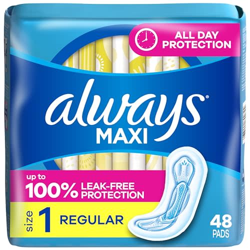Always Maxi Feminine Pads Without Wings for Women, Size 1, Regular Absorbency, Unscented 48 Count