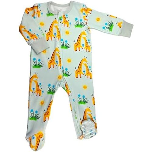 HippoHugs Organic Cotton Baby Footie Onesie, My Little One and Me Animal Print, Hidden Zipper, Non-Slip Feet