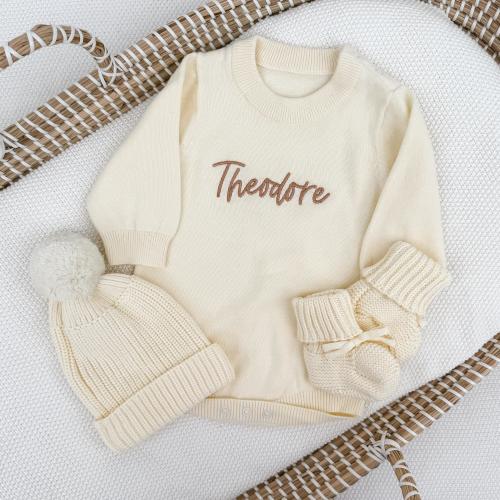 Newborn Cotton Embroidered Romper, Baby Hat and Bootie Set, Personalized Name Outfit for New Born