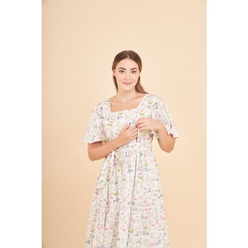 Princess Cotton Linen Midi Dress with Nursing Zippers in Sweet Wildflo