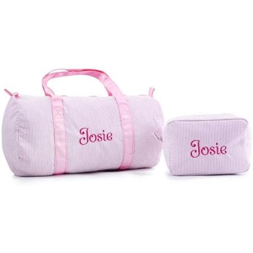 MT WORLD Personalized Kids Travel Duffle & Cosmetic Bag, Personalized Seersucker Cosmetic Bag and Travel Bags Set for Dance Weekender Sleepover