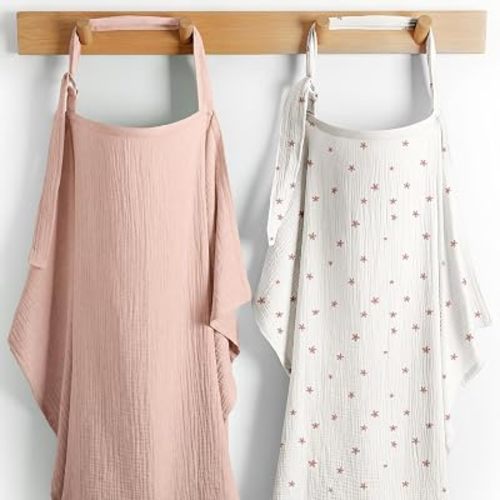 Comfy Cubs Muslin Nursing Cover Pack of 2, 100% Cotton Muslin Breastfeeding Cover for Moms, Soft & Breathable Baby Nursing Scarf, Adjustable Neck Strap - Privacy Coverage - Flower Pattern and Blush