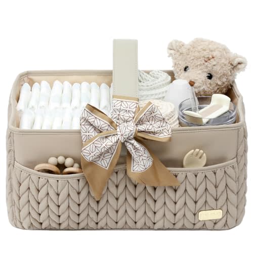 LUKJOJO Luxurious Baby Diaper Caddy, Nursery Storage Basket for Newborn Essentials, Travel Baby Basket for Diapers Baby Wipes, Organizer Tote Bag Storage Bin, Baby Shower Gifts(Beige)