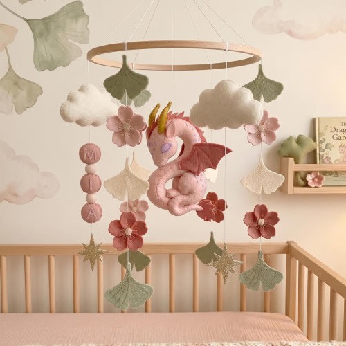 Dragon Baby Mobile Personalized Name, Fantasy Nursery Decor, Pink Dragon Crib Mobile, Floral Felt Baby Mobile, Custom Baby Shower Gift Idea