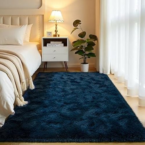 Softlife Area Rug for Bedroom, Fluffy Shag Plush Navy Blue Rugs for Living Room Girls, Shaggy Throw Soft Fuzzy Small Kids Carpet for Dorm Bedside Ultra Cozy Non-Slip Indoor Decor, 4x5.3 Feet