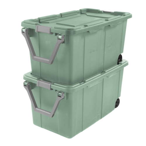 Sterilite 40 Gallon Wheeled Industrial Tote, Rugged Plastic Storage Bin, Latch Lid, Light Green, 2 Count