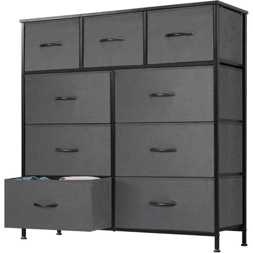 DUMOS Dresser for Bedroom, Dressers & Chests of Drawers Dresser Organizer, Wood Top Table Furniture with 9 Fabric Storage Tower Unit, Chest of Drawers for Closet, Living Room, Hallway, Porch