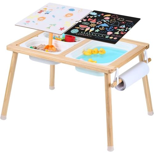 VEVOR Sensory Table and Chairs Set, Toddlers Activity Table with 2 Stools, 2 Storage Bins & Paper Roll Holder, Indoor/Outdoor Play Sand and Water Table, Wooden Kids Sensory Table - Gift for Boys Girls