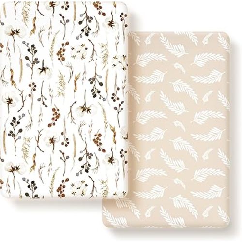 GRSSDER Stretchy Ultra Soft Jersey Knit Fitted Pack n Play Sheets Set 2 Pack, Neutral Portable/Mini Cribs Sheets, Fit Playards Mattress Pads Safe and Snug, Stylish Pretty Flora for Baby, Beige