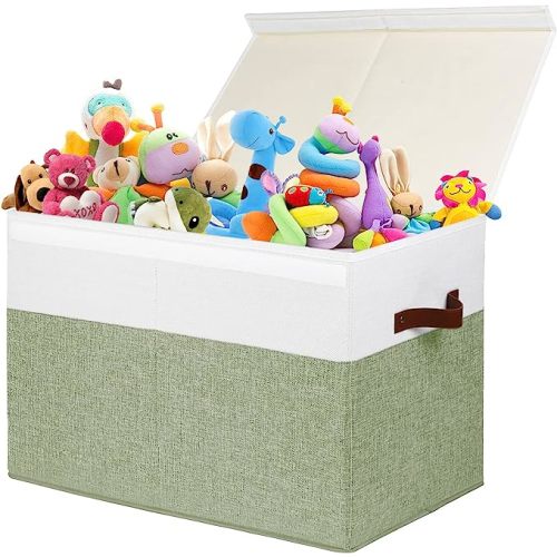 Large Toy Storage Box with Lid, Sturdy Toys Storage Chest Bin Organizer Basket with Dividers for Kids, Boys, Girls, Nursery, Closet, Bedroom, Playroom 25"x13" x16" (Green and White)