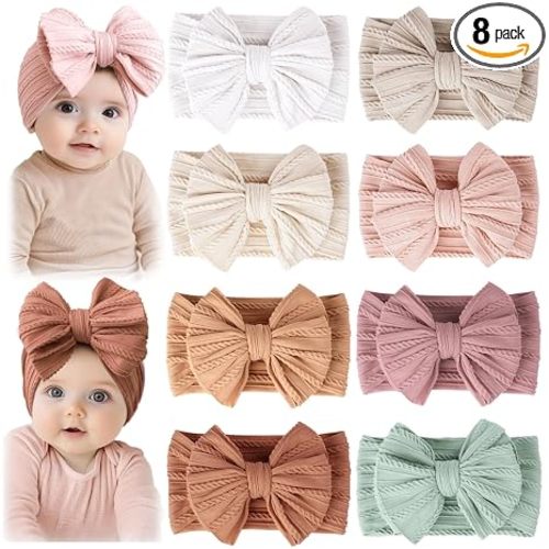 Prohouse 8 Pack Baby Bows Headbands for Girls, Newborn Nylon Headbands
