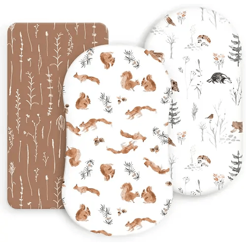Stretchy Ultra Soft Fitted Bassinet Sheet Set 3 Pack, Universal Fit for Bassinets Baby Cradle Moses Basket Oval Rectangle Mattress Safe and Snug, Cute Jungle Squirrels and Animals