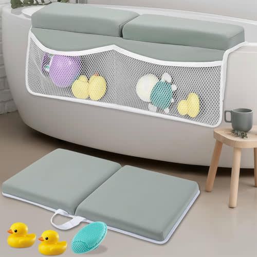 Bath Kneeler and Elbow Rest Pad Set,Quick Dry Soft Kneeling Pad,Baby Bathtub Cushion with Toy Organizer for Bathing Infant or Toddler - Grey Green