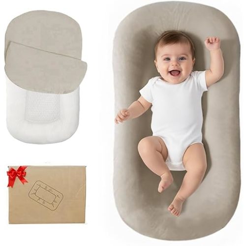 Lucakuins Baby Lounger, Bionic Design Baby Lounger for Newborn 0-24 Months, Soft Organic Cotton Breathable Lounger for Infants (Cream Gray Lounger)