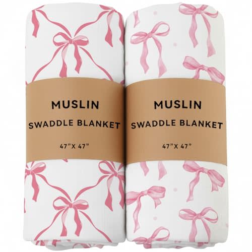 2 Pack Pink Bow Muslin Swaddle Blankets 70% Bambo 30% Cotton Breathable Receiving Blankets Newborn Essentials for Baby Girl Soft and Large 47 x 47 Inches (Bow)