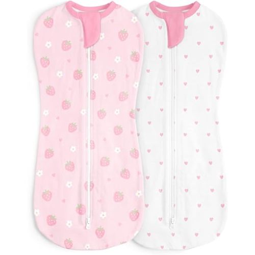 Baby Swaddle 0-2 Months, Cotton Arm-In Zipper Sleep Sack, Wearable Blankets Wrap for Newborn Infant Girls (Strawberry, Heart, Pack of 2)