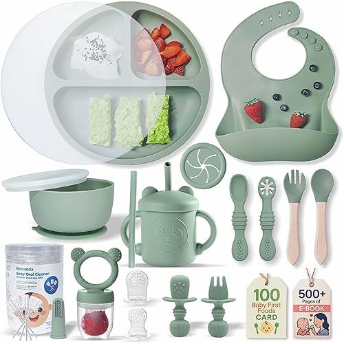 Remonda 23-Piece BPA-Free Silicone Baby Feeding Set | Extra Large Suction Plates, Toddler Bowls, Self Feeding Spoons, and More | Dishwasher Safe| Baby Led Weaning Supplies(Green)