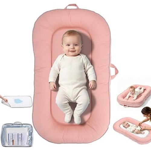 Baby Lounger 0-24 Months with Diaper Changing Pad,Organic Cotton Infant Lounger for Home and Travel,Breathable Baby Nest Bionic Design & 3D Support Newborn Babies Essentials Gifts(Pink)