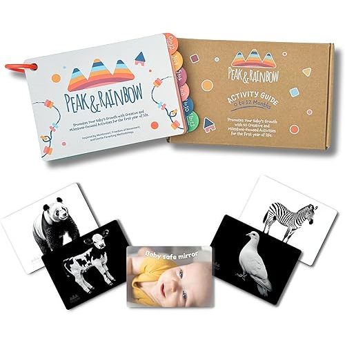 Montessori Baby Activity Cards 0-12 Months | 40+ Creative Playtime Activities to Stimulate Development for Babies| Includes High Contrast Cards and Tummy Time Mirror| Baby Must Haves| New Parent Gift